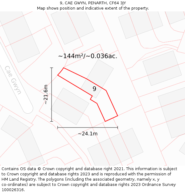 9, CAE GWYN, PENARTH, CF64 3JY: Plot and title map