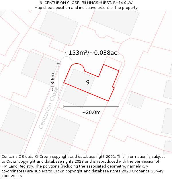 9, CENTURION CLOSE, BILLINGSHURST, RH14 9UW: Plot and title map