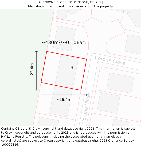 9, CORONE CLOSE, FOLKESTONE, CT19 5LJ: Plot and title map