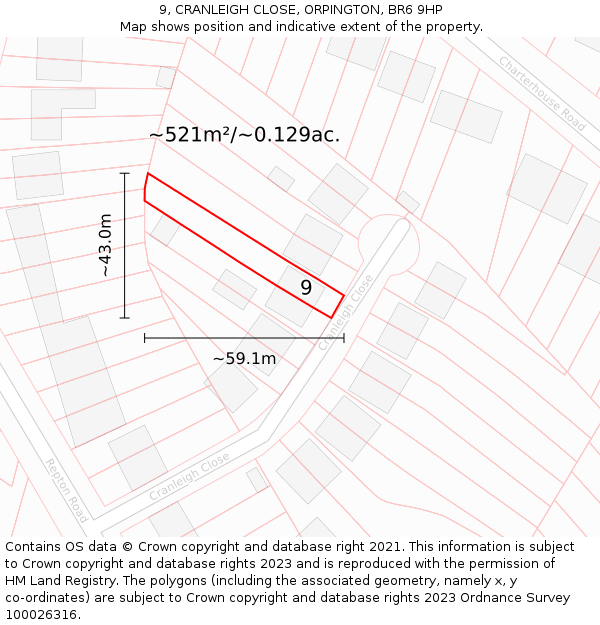 9, CRANLEIGH CLOSE, ORPINGTON, BR6 9HP: Plot and title map