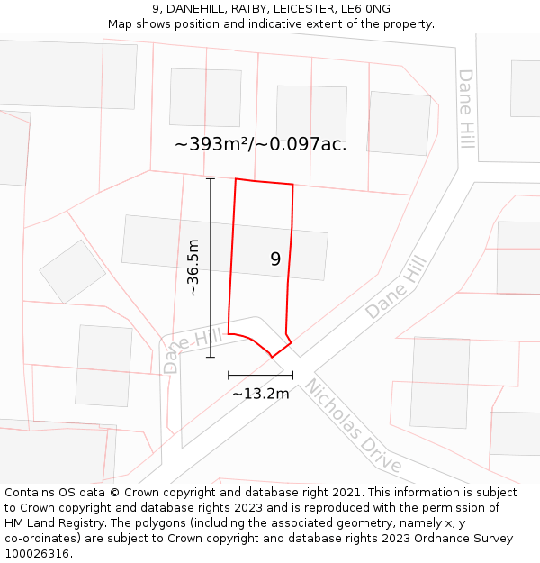 9, DANEHILL, RATBY, LEICESTER, LE6 0NG: Plot and title map