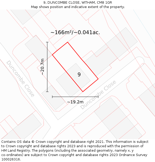 9, DUNCOMBE CLOSE, WITHAM, CM8 1GR: Plot and title map