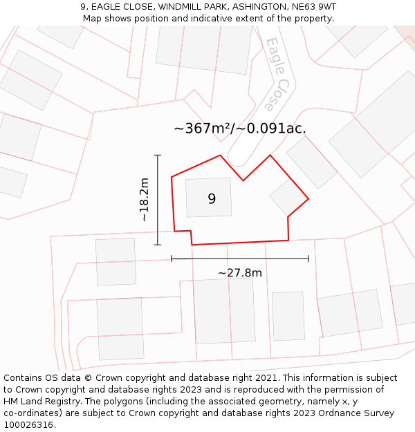 9, EAGLE CLOSE, WINDMILL PARK, ASHINGTON, NE63 9WT: Plot and title map