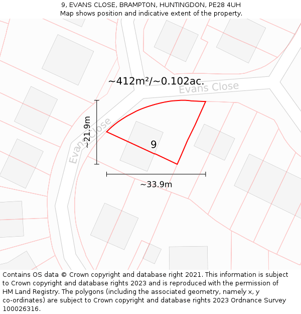 9, EVANS CLOSE, BRAMPTON, HUNTINGDON, PE28 4UH: Plot and title map