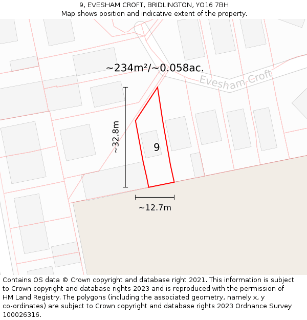 9, EVESHAM CROFT, BRIDLINGTON, YO16 7BH: Plot and title map