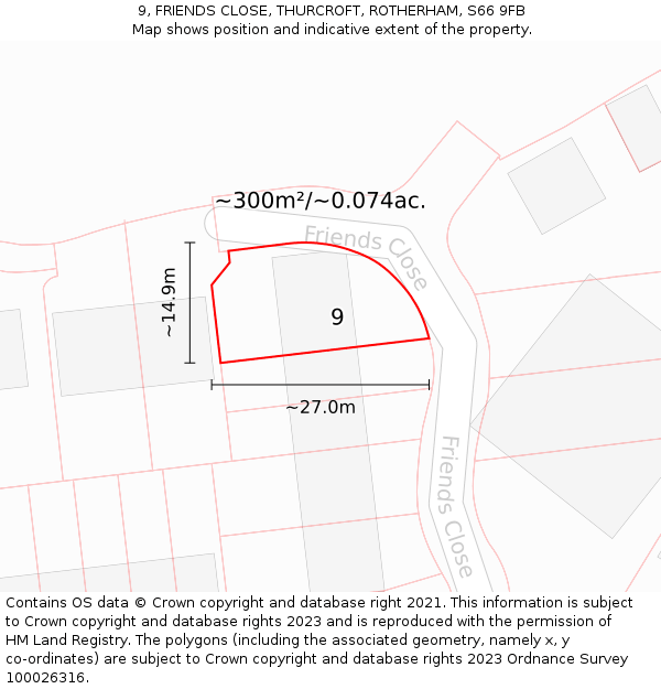 9, FRIENDS CLOSE, THURCROFT, ROTHERHAM, S66 9FB: Plot and title map