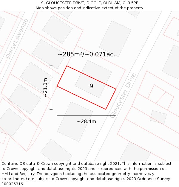 9, GLOUCESTER DRIVE, DIGGLE, OLDHAM, OL3 5PR: Plot and title map