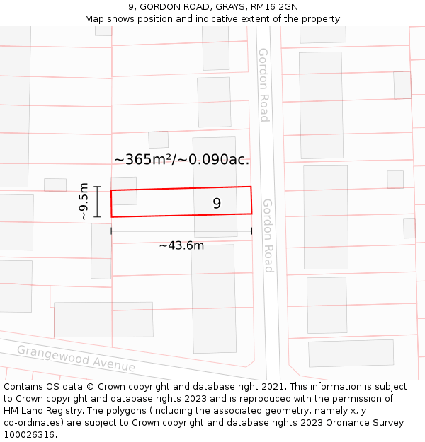 9, GORDON ROAD, GRAYS, RM16 2GN: Plot and title map