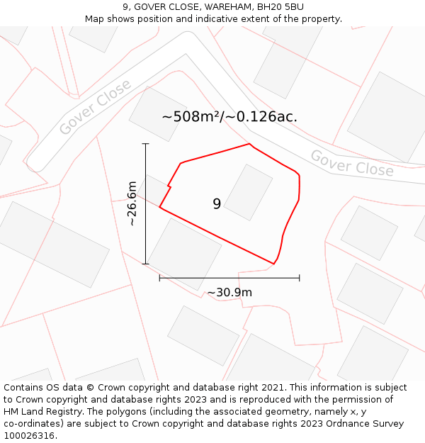 9, GOVER CLOSE, WAREHAM, BH20 5BU: Plot and title map