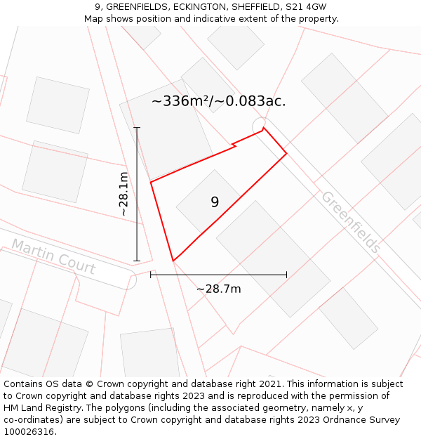 9, GREENFIELDS, ECKINGTON, SHEFFIELD, S21 4GW: Plot and title map