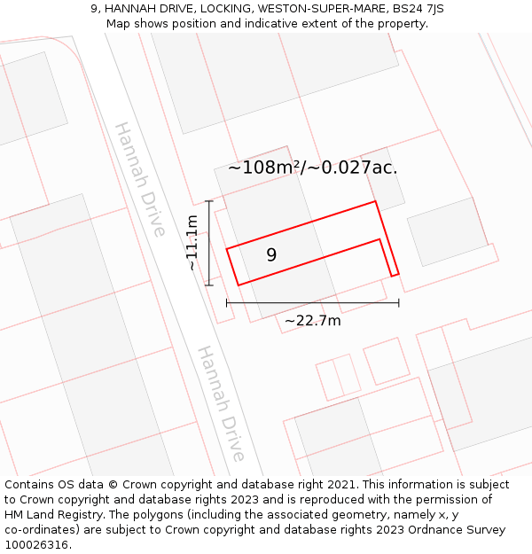 9, HANNAH DRIVE, LOCKING, WESTON-SUPER-MARE, BS24 7JS: Plot and title map
