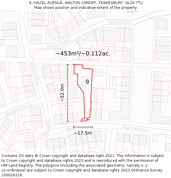 9, HAZEL AVENUE, WALTON CARDIFF, TEWKESBURY, GL20 7TU: Plot and title map