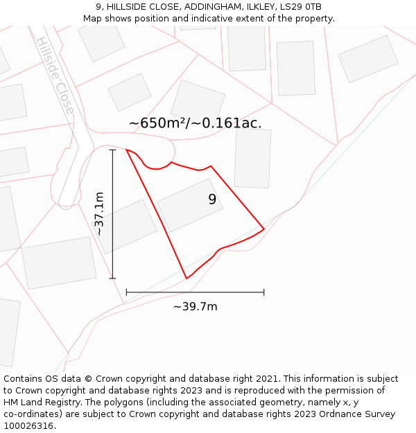 9, HILLSIDE CLOSE, ADDINGHAM, ILKLEY, LS29 0TB: Plot and title map