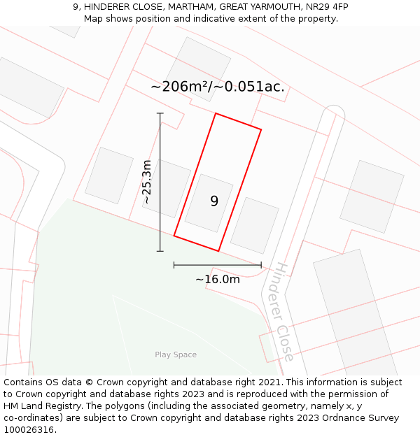 9, HINDERER CLOSE, MARTHAM, GREAT YARMOUTH, NR29 4FP: Plot and title map