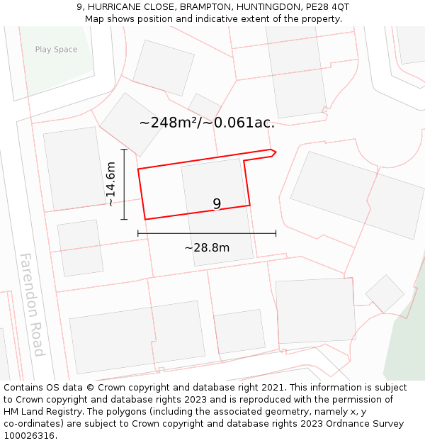 9, HURRICANE CLOSE, BRAMPTON, HUNTINGDON, PE28 4QT: Plot and title map
