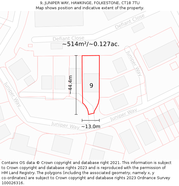 9, JUNIPER WAY, HAWKINGE, FOLKESTONE, CT18 7TU: Plot and title map