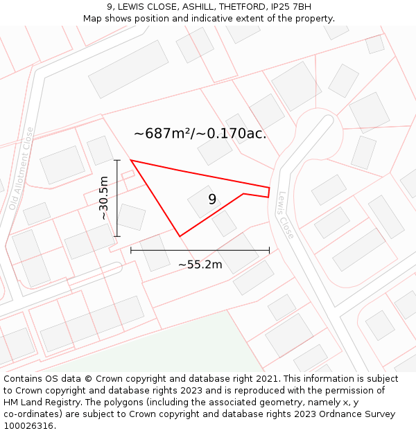 9, LEWIS CLOSE, ASHILL, THETFORD, IP25 7BH: Plot and title map