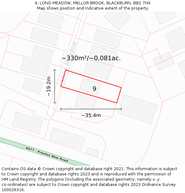 9, LONG MEADOW, MELLOR BROOK, BLACKBURN, BB2 7NX: Plot and title map