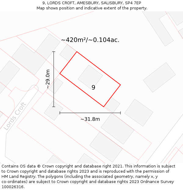 9, LORDS CROFT, AMESBURY, SALISBURY, SP4 7EP: Plot and title map