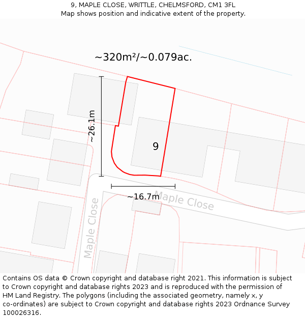 9, MAPLE CLOSE, WRITTLE, CHELMSFORD, CM1 3FL: Plot and title map