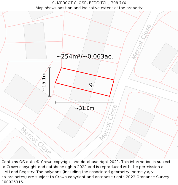 9, MERCOT CLOSE, REDDITCH, B98 7YX: Plot and title map
