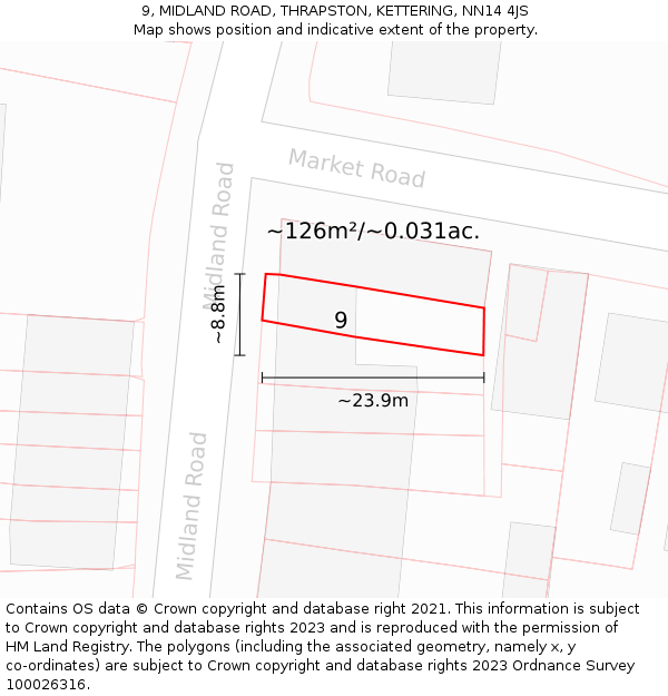 9, MIDLAND ROAD, THRAPSTON, KETTERING, NN14 4JS: Plot and title map