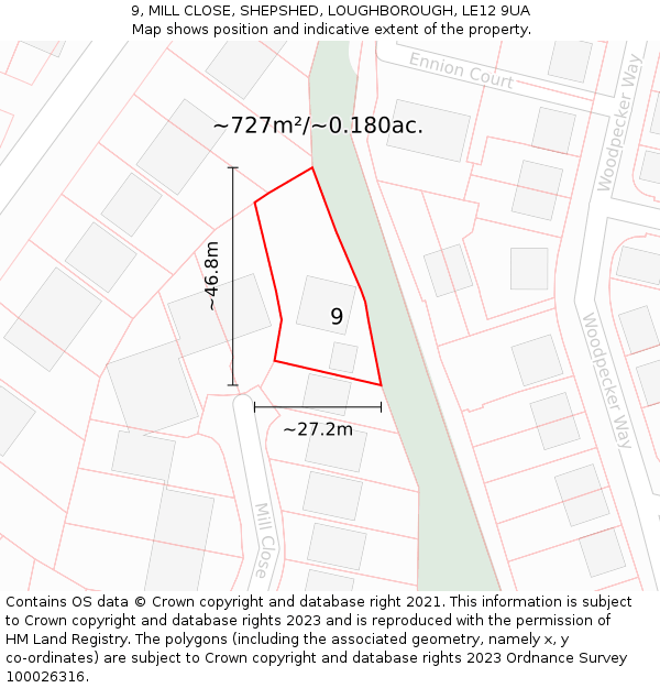 9, MILL CLOSE, SHEPSHED, LOUGHBOROUGH, LE12 9UA: Plot and title map