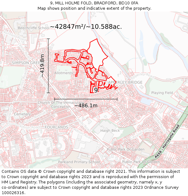 9, MILL HOLME FOLD, BRADFORD, BD10 0FA: Plot and title map