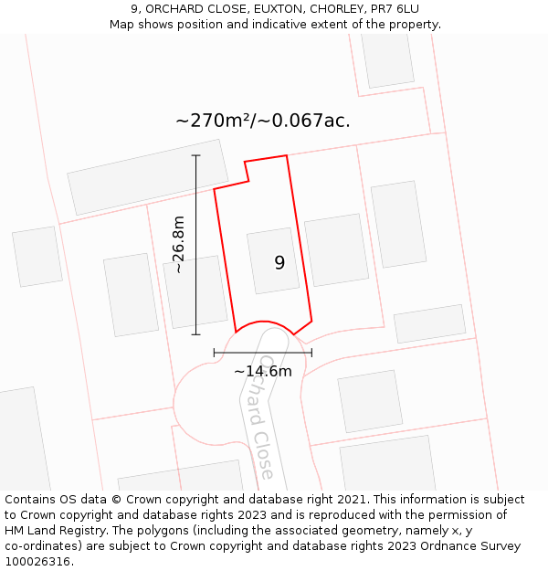 9, ORCHARD CLOSE, EUXTON, CHORLEY, PR7 6LU: Plot and title map