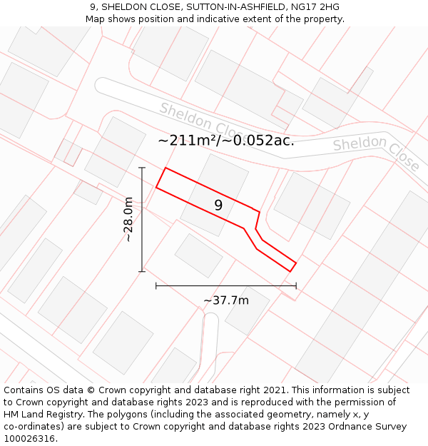 9, SHELDON CLOSE, SUTTON-IN-ASHFIELD, NG17 2HG: Plot and title map