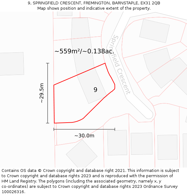 9, SPRINGFIELD CRESCENT, FREMINGTON, BARNSTAPLE, EX31 2QB: Plot and title map