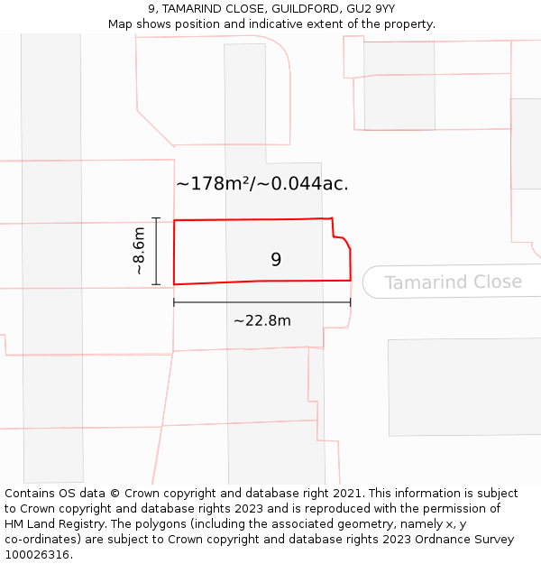 9, TAMARIND CLOSE, GUILDFORD, GU2 9YY: Plot and title map