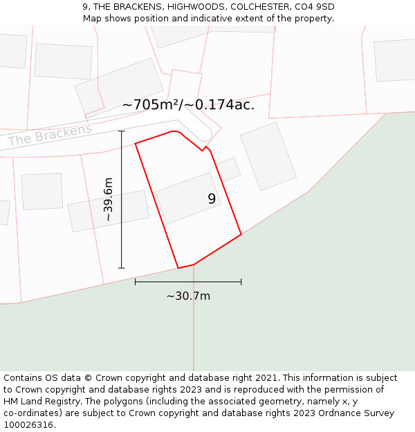 9, THE BRACKENS, HIGHWOODS, COLCHESTER, CO4 9SD: Plot and title map