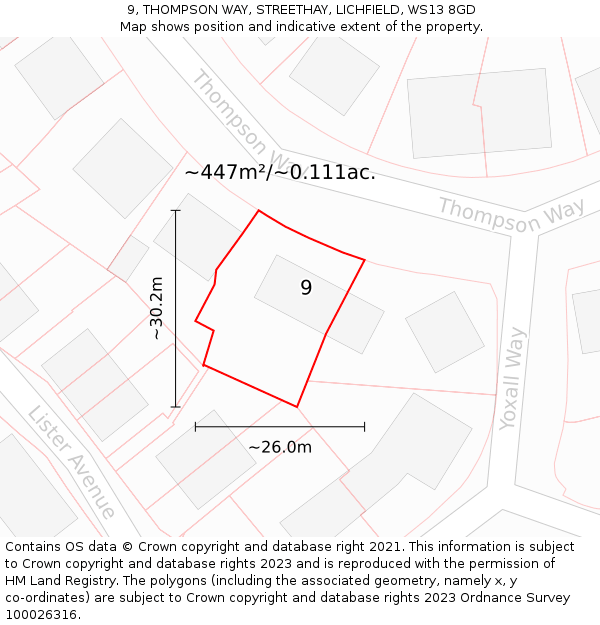 9, THOMPSON WAY, STREETHAY, LICHFIELD, WS13 8GD: Plot and title map