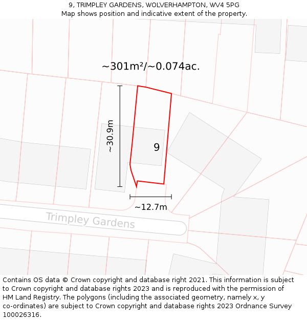 9, TRIMPLEY GARDENS, WOLVERHAMPTON, WV4 5PG: Plot and title map