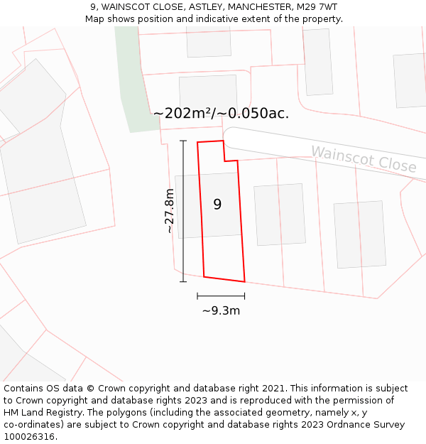 9, WAINSCOT CLOSE, ASTLEY, MANCHESTER, M29 7WT: Plot and title map