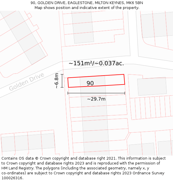 90, GOLDEN DRIVE, EAGLESTONE, MILTON KEYNES, MK6 5BN: Plot and title map