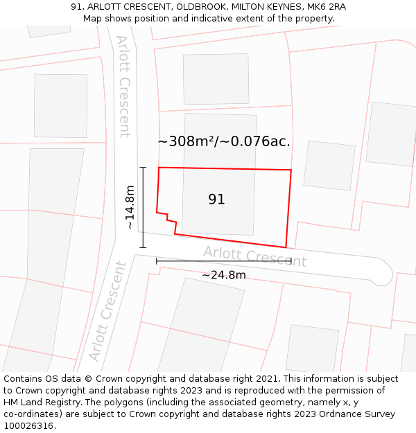91, ARLOTT CRESCENT, OLDBROOK, MILTON KEYNES, MK6 2RA: Plot and title map