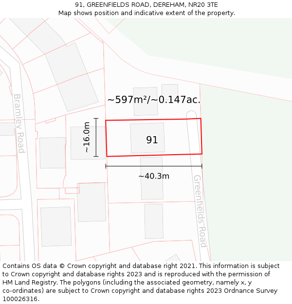 91, GREENFIELDS ROAD, DEREHAM, NR20 3TE: Plot and title map