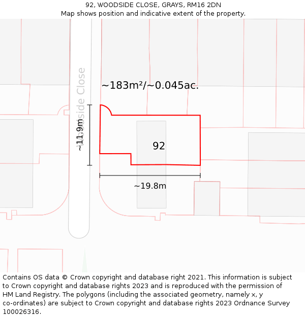 92, WOODSIDE CLOSE, GRAYS, RM16 2DN: Plot and title map
