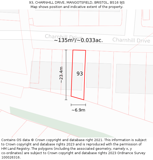93, CHARNHILL DRIVE, MANGOTSFIELD, BRISTOL, BS16 9JS: Plot and title map