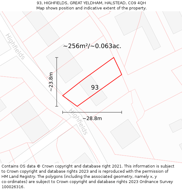 93, HIGHFIELDS, GREAT YELDHAM, HALSTEAD, CO9 4QH: Plot and title map