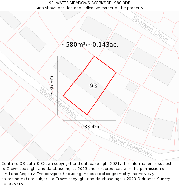 93, WATER MEADOWS, WORKSOP, S80 3DB: Plot and title map