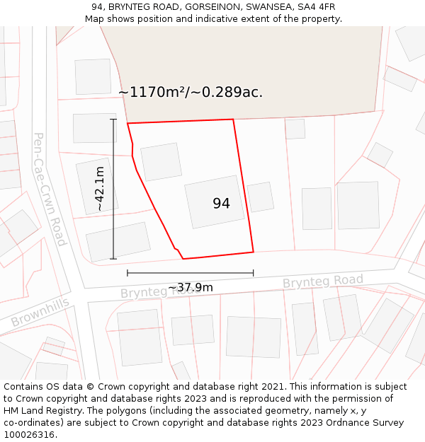94, BRYNTEG ROAD, GORSEINON, SWANSEA, SA4 4FR: Plot and title map