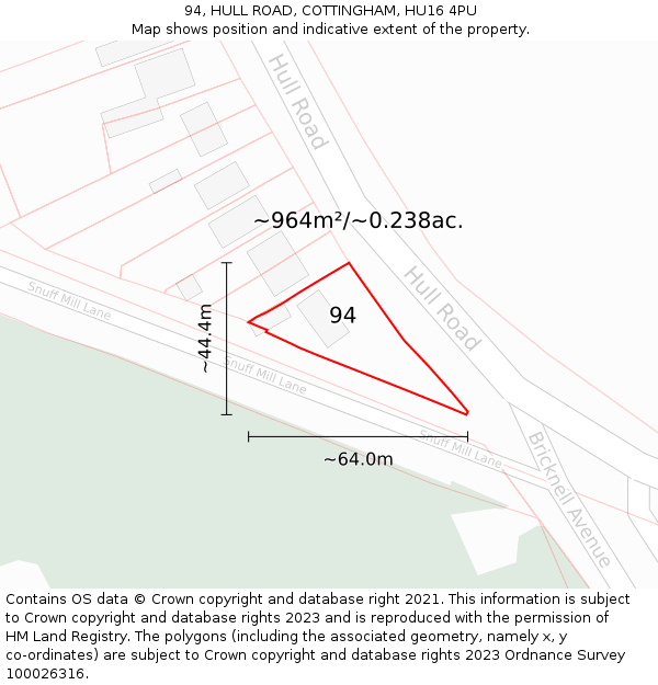 94, HULL ROAD, COTTINGHAM, HU16 4PU: Plot and title map