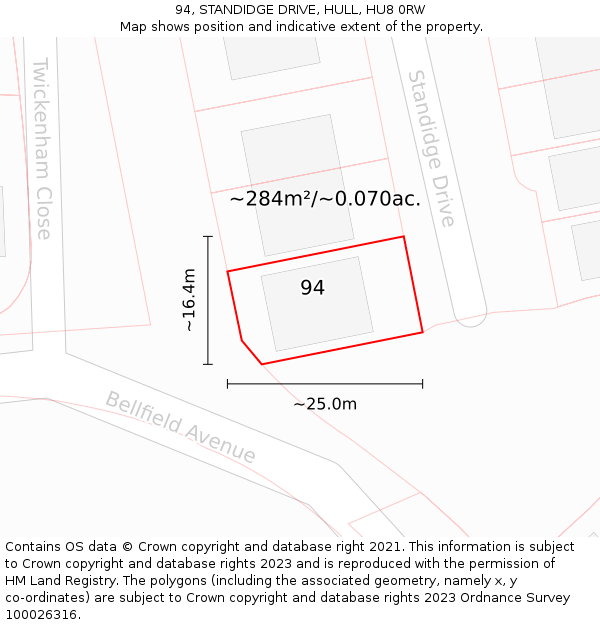 94, STANDIDGE DRIVE, HULL, HU8 0RW: Plot and title map