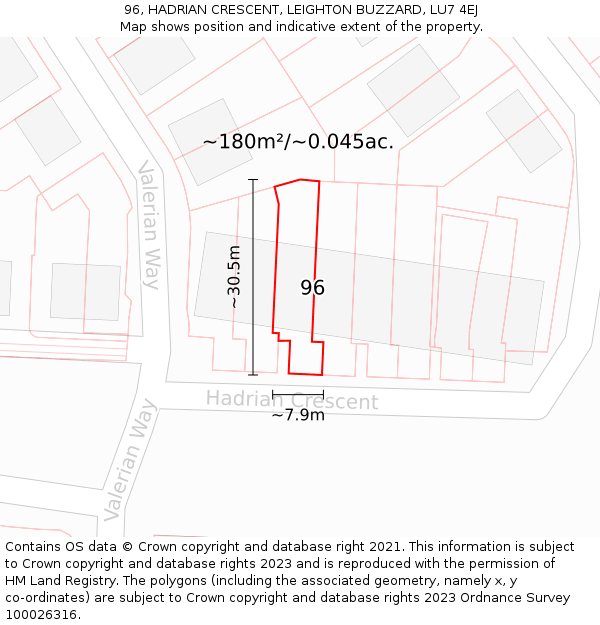 96, HADRIAN CRESCENT, LEIGHTON BUZZARD, LU7 4EJ: Plot and title map