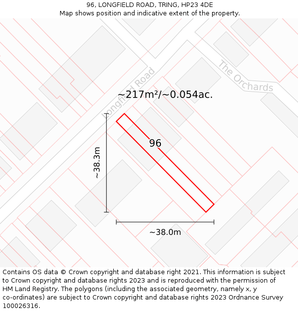 96, LONGFIELD ROAD, TRING, HP23 4DE: Plot and title map