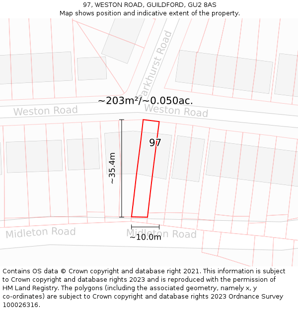 97, WESTON ROAD, GUILDFORD, GU2 8AS: Plot and title map