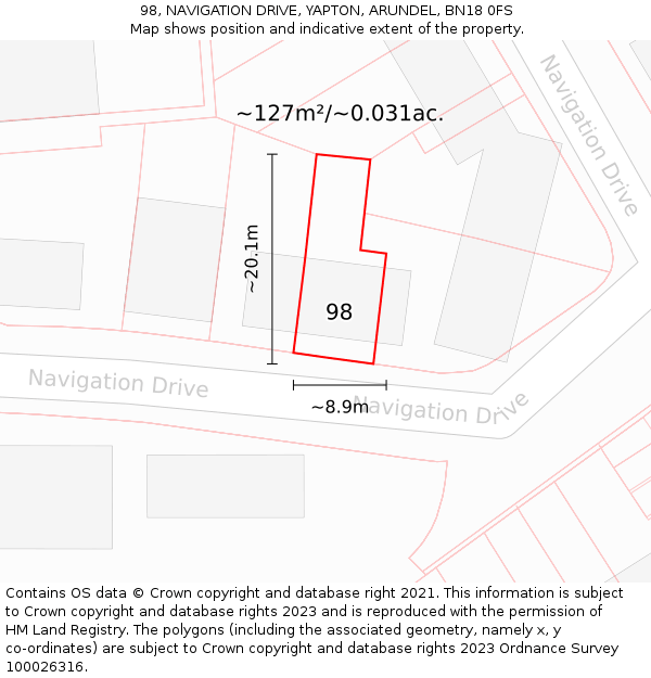 98, NAVIGATION DRIVE, YAPTON, ARUNDEL, BN18 0FS: Plot and title map